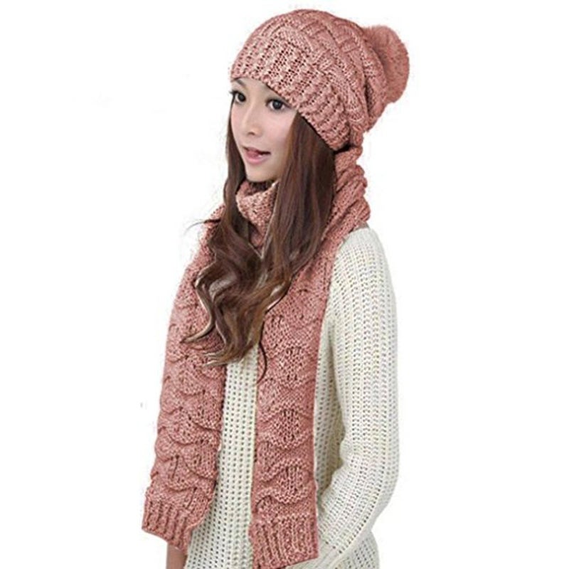 HANERDUN Women Girls Fashion Winter Warm Knitted Hat Beanie Hat Scarf Set Shrimp Pink - Image 1